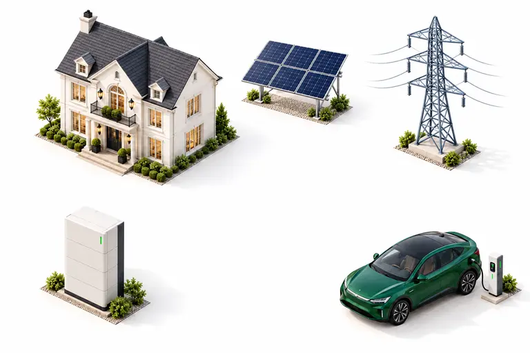 Illustration of five separate energy components: a home, solar panels, a battery, the electricity grid and an electric car.