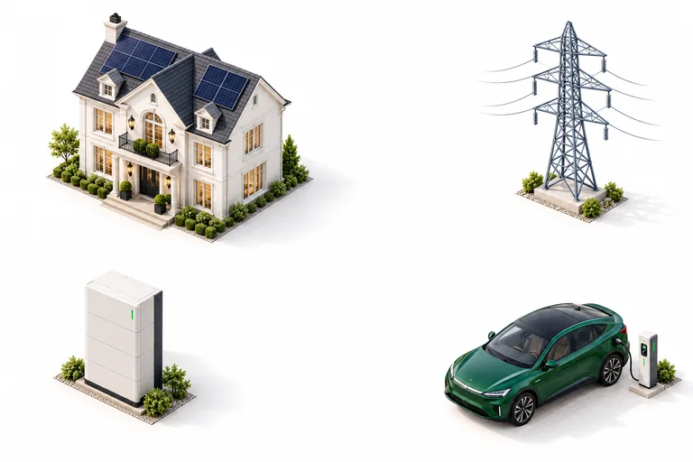 Illustration of a home with rooftop solar, a home battery, the electricity grid and an electric car.